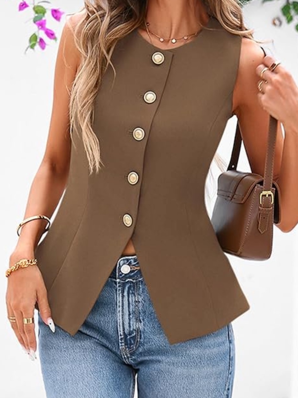 BTFBM Vest Womens Size Large Button Front Brown Summer Dressy Business Casual - Picture 2 of 11